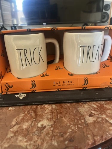 Rae Dunn Artisan Collection Halloween Trick or Treat & Jack O'Lantern 2 Mug Set