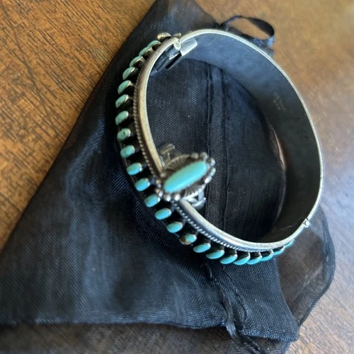 Vintage Sterling Silver NEEDLEPOINT TURQUOISE Design Bangle Bracelet 925 & Ring
