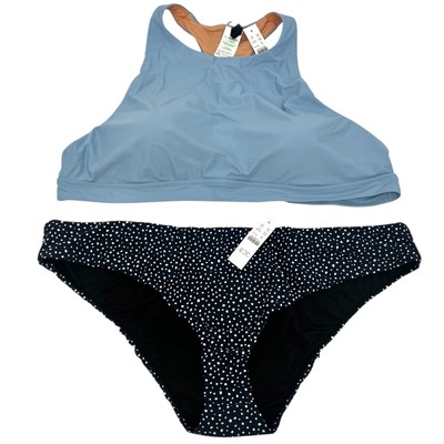 J. Crew Swimsuit Set Active Long Line Swim Top Blue Dot Hipster Bikini Bottom 3X