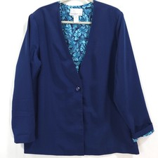 Susan Graver Blue Blazer Career Jacket Women L Floral Lined Professional Office