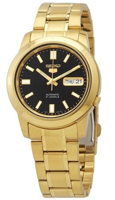 Seiko 5 Gold Tone Stainless Steel Black Zifferblatt Automatic SNKK22K1 Herrenuhr