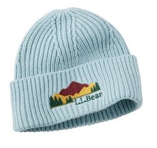 L.L. Bean Wide Cuff Knit Beanie Bluegrass Unisex OS Light Blue Mountain Logo NEW