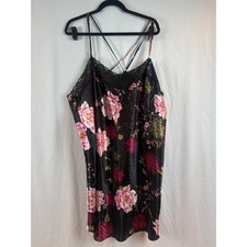 Floral Satin Lace Trim Chemise Nightgown Black Pink Strappy Back Sleeveless 3X