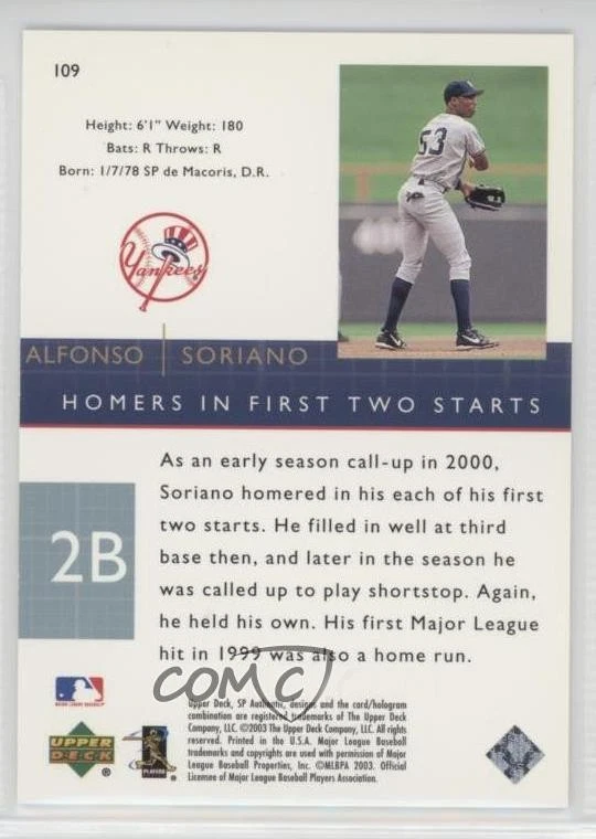 2003 SP Authentic SP Rookie Archives /2500 Alfonso Soriano #109 - Image 2 of 2