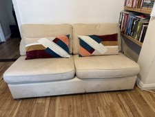 2 Seater Sofa Cream Fabric + Cushions – Comfortable, Good Condition, Needs Clean