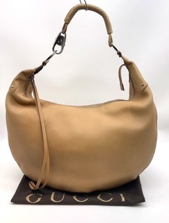 Auth Gucci Half Moon SV Leather Beige 95332 Shoulder Bag W/Dustbag NS080954