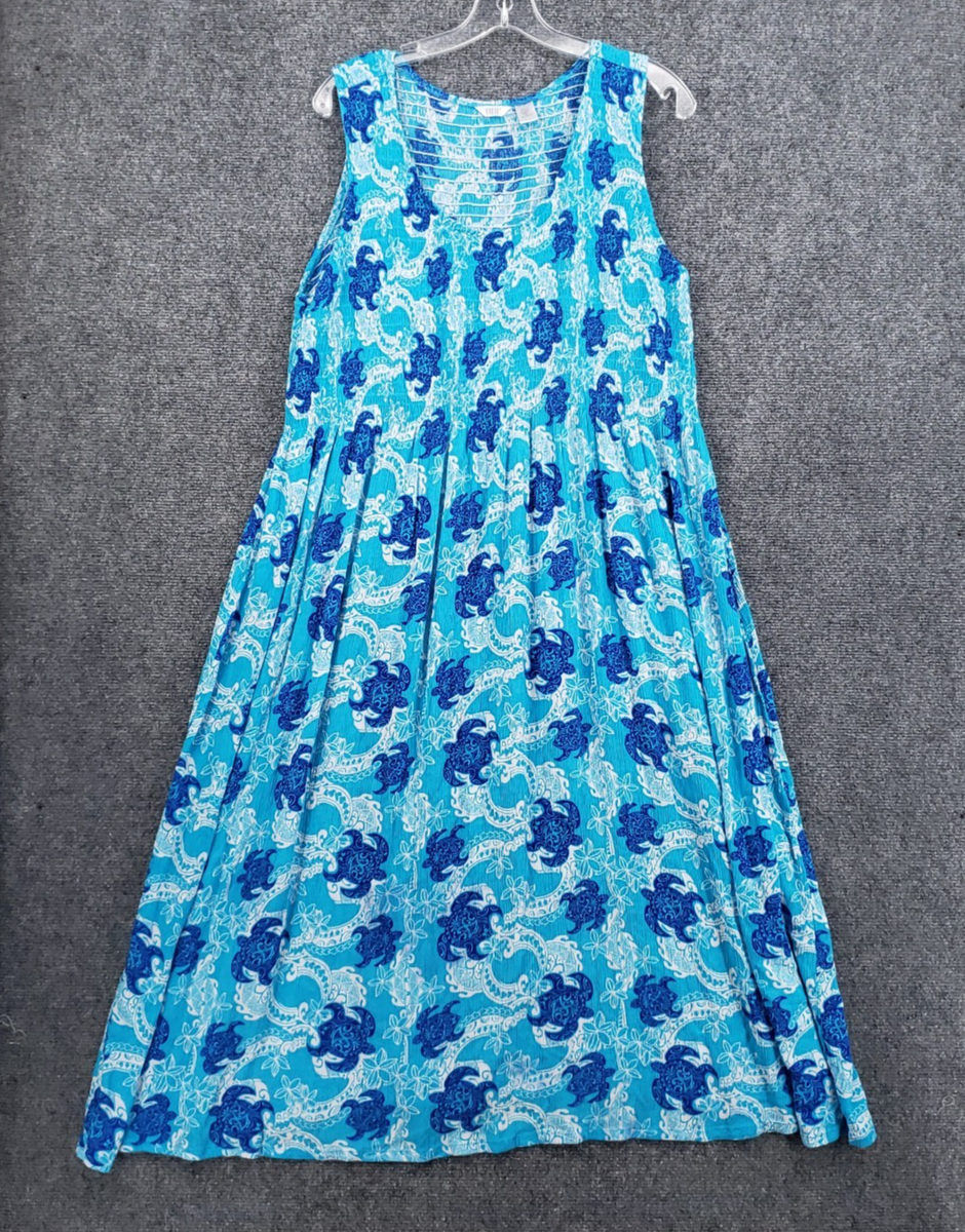 Kaktus Sea Turtle Print Smocked Maxi Dress Womens XXL Blue Beach Summer  Tropical | eBay