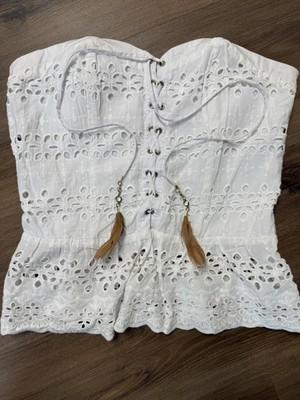 NWT Baby Phat White Lace Design Corset Bustier Top Zipper Side Feathers