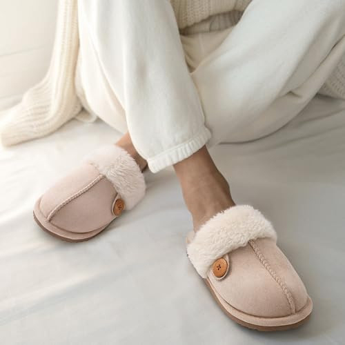 Fuzzy Slippers for Women with Memory Foam Winter Fluffy House 8-8.5 Apricot - Foto 2 di 7