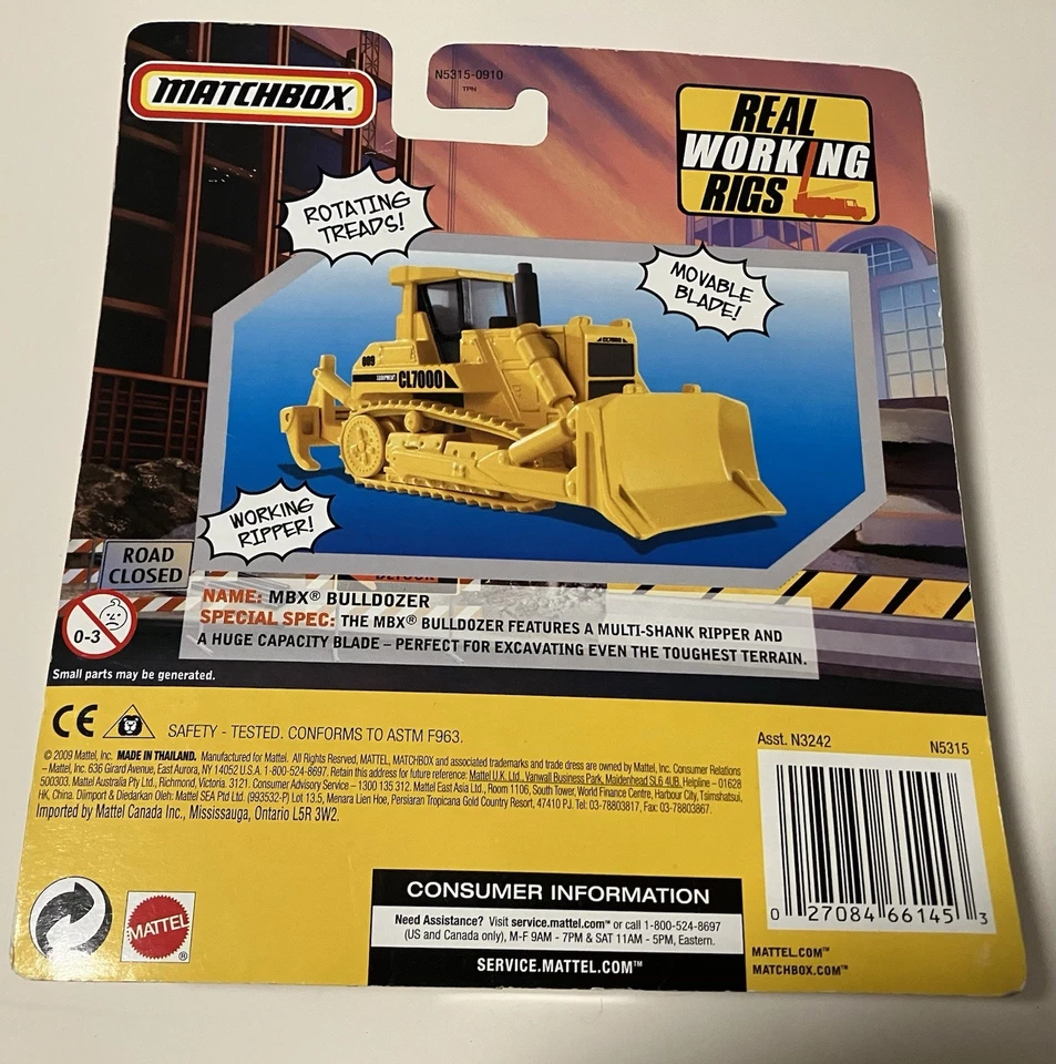 2009 Mattel Matchbox Real Working Rigs MBX Bulldozer N5315 Yellow Diecast NIP - Image 2 of 2