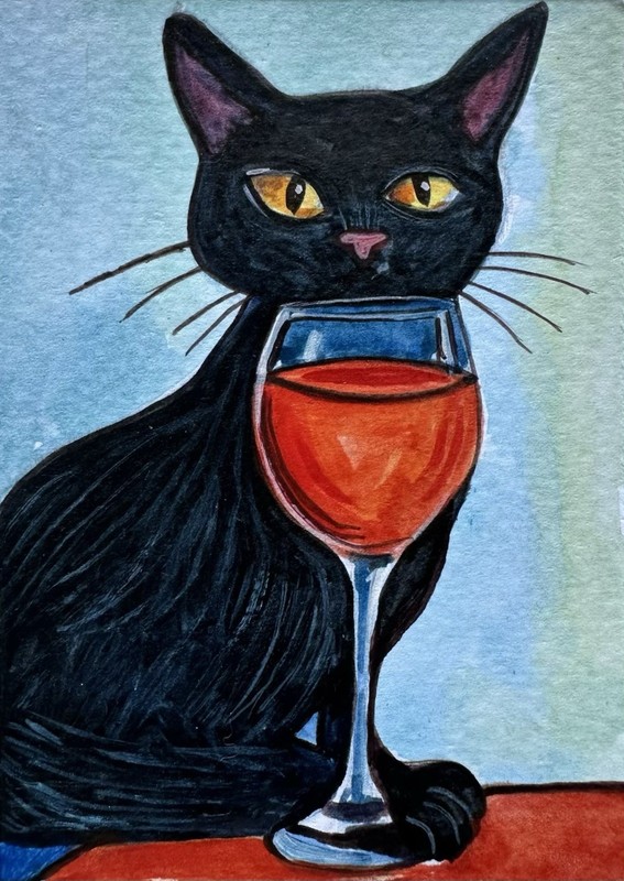 Original ACEO Black Cat Painting Miniature Art Card Ooak By Artist Dulshan C3