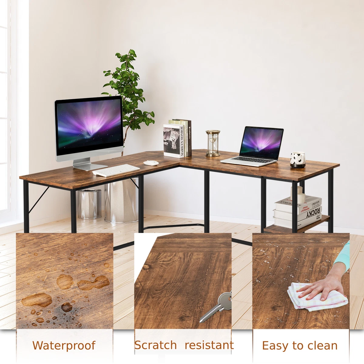 L Shaped Desk Corner Computer Desk w 2 Tier Storage Shelf Laptop Workstation