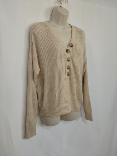 Forever 21 Sudadera Mujer Pequeña Beige Cuello en V Manga Larga Rayas Botón Frontal - Imagen 2 de 10
