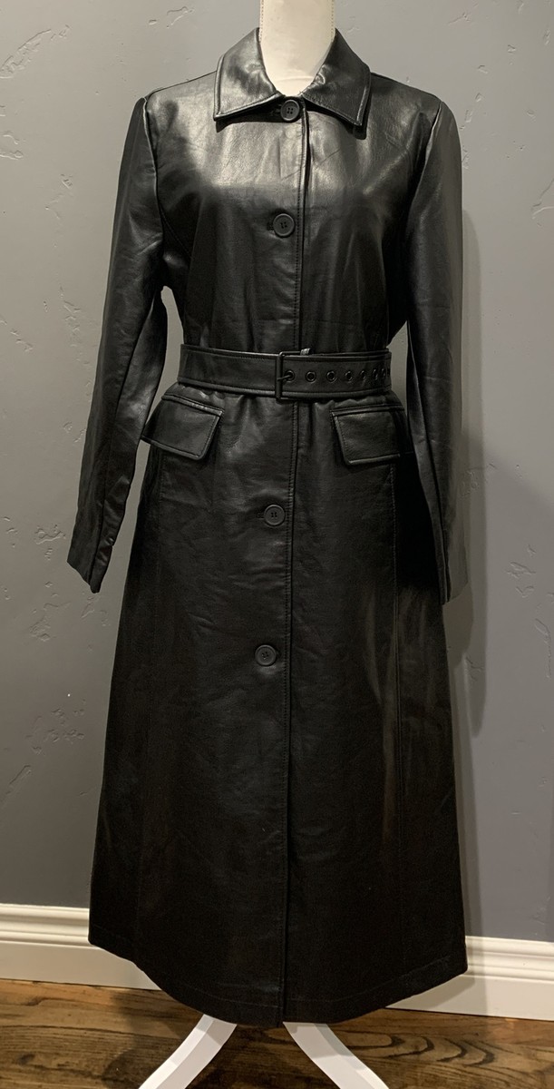 Rebecca Minkoff Black Faux Leather Mod Trench Coat Long Belted
