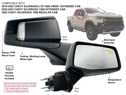 Side Mirror for SILVERADO 1500 2019-2023 Lamp BSD Glossy Cover Passenger Side
