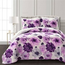 Purple Grey Flowers Lightweight Polyester Microfiber Quilt Set King, Full/Queen