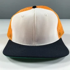 Vintage Trucker Hat Navy Blue Flat Brim with White Yellow Mesh Dome Made In USA