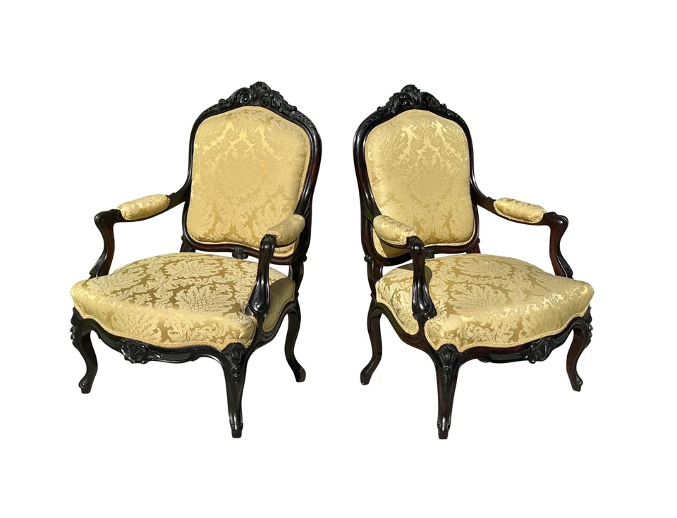 PAR DE SILLONES LOUIS XIV EBONIZADOS PALO DE ROSA FAUTEUIL A LA REINE EN ORO SATINADO Foto 4 de 4