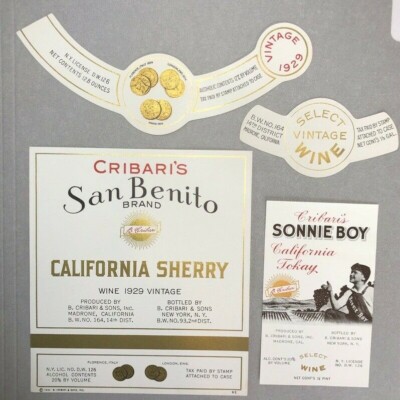 4 c 1940 CRIBARI San Benito SONNIE BOY WINE LABEL California SHERRY & TOKAY