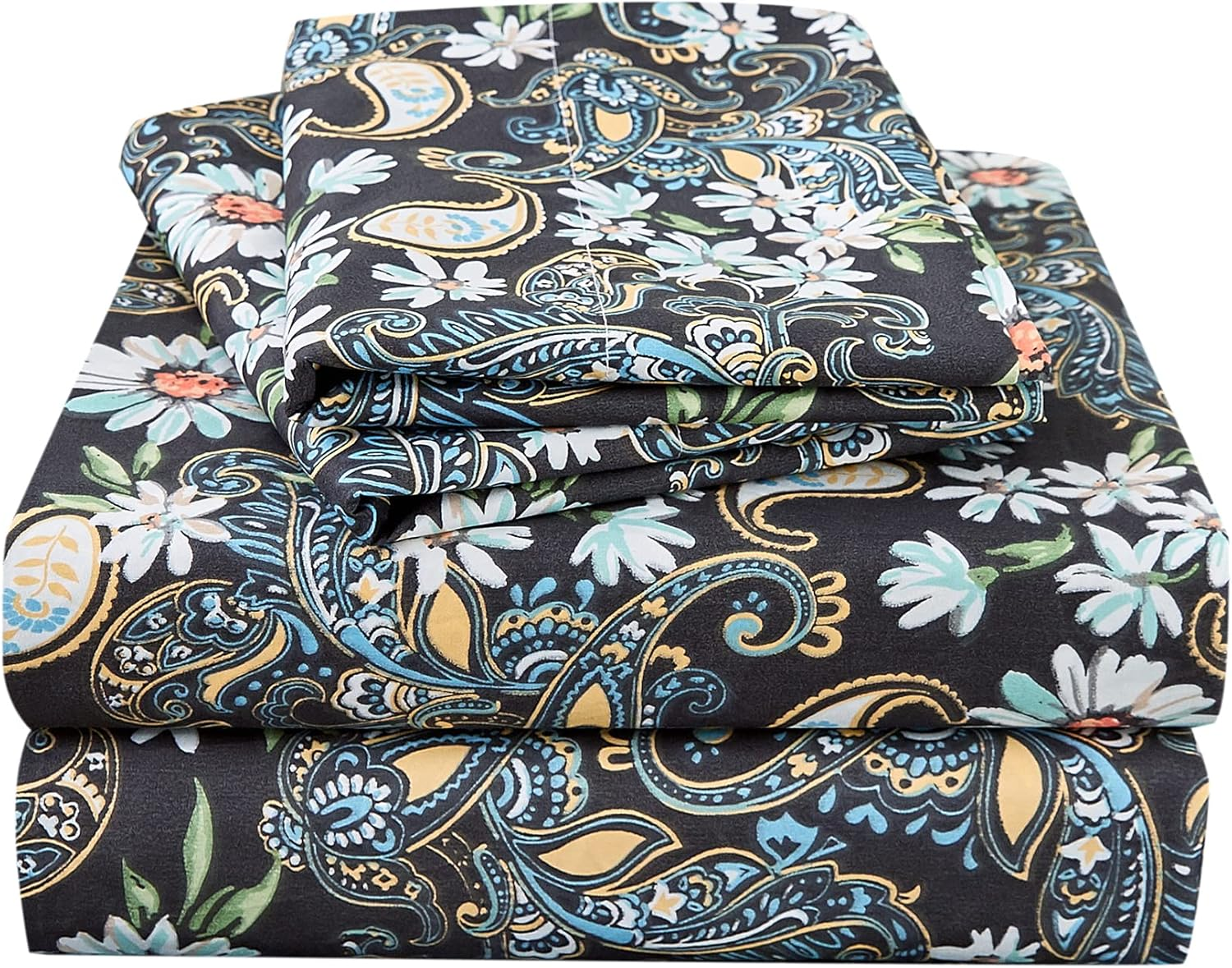 Black Paisley Floral Printed Sheet Set Queen Size, 4 Piece Soft Pattern Microfib