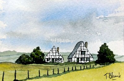 ORIGINAL WATERCOLOR - half-timbered houses in Münsterland.