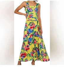 Vince Camuto Yellow Floral Maxi Dress Square Neck Sleeveless Womens Sz L