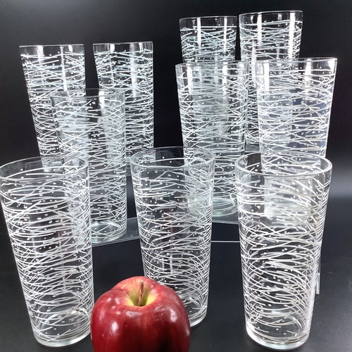 Set of 10 Narrow Coolers 14Oz MCM Clear Glasses White Dots Spaghetti Lines VIDEO - Picture 4 of 17