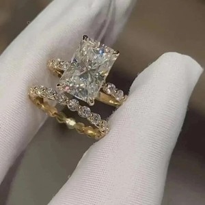 Authentic 14k Yellow Gold Plated 3Ct Radiant Lab Created Diamond Wedding Bridal Ring Set