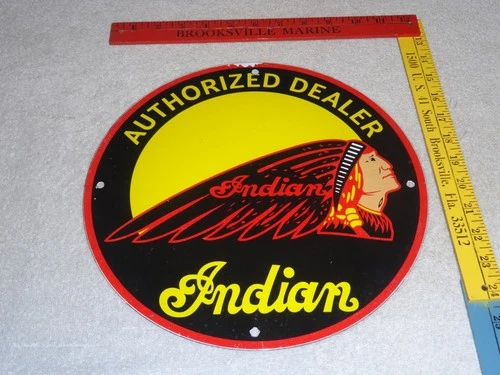 VINTAGE INDIAN MOTORCYCLE AUTHORIZED DEALER 1' PORCELAIN METAL GASOLINE OIL SIGN
