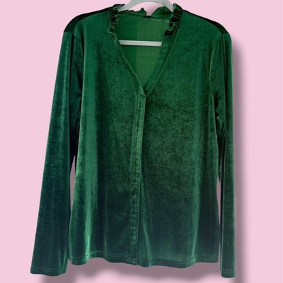 Unbranded Emerald Green Velvet Ruffle Collar V-Neck Blouse