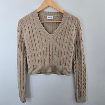 Sunday Best Aritzia V-Neck Cable Knit Sweater Medium Beige Cropped Merino Wool