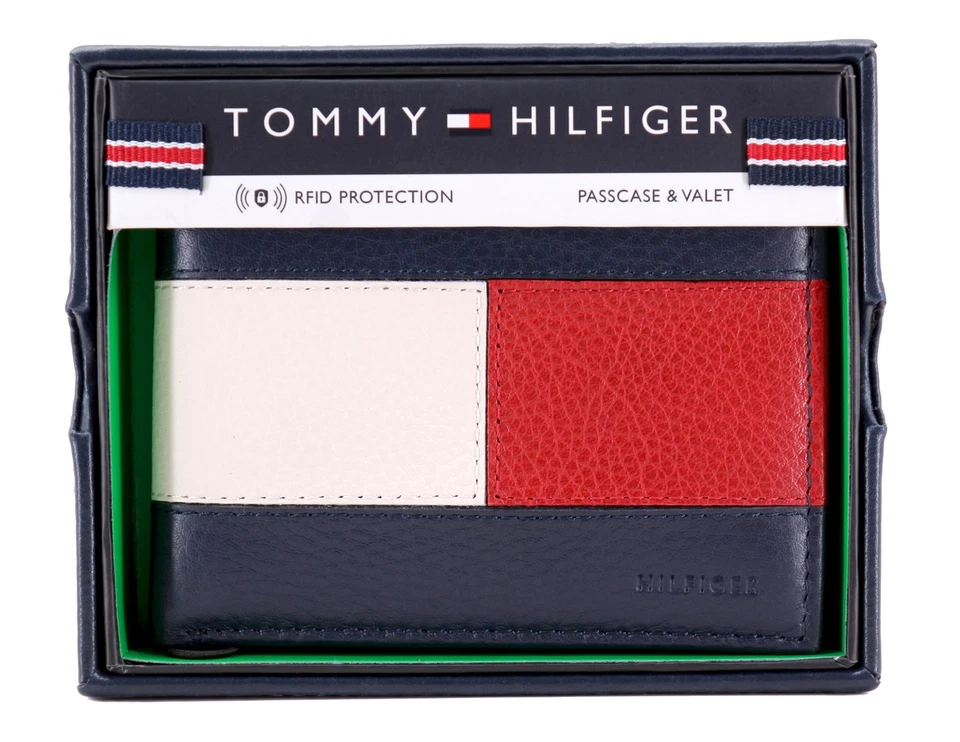 Tommy Hilfiger Men's Premium Leather Double Billfold Passcase Rfid Wallet Navy