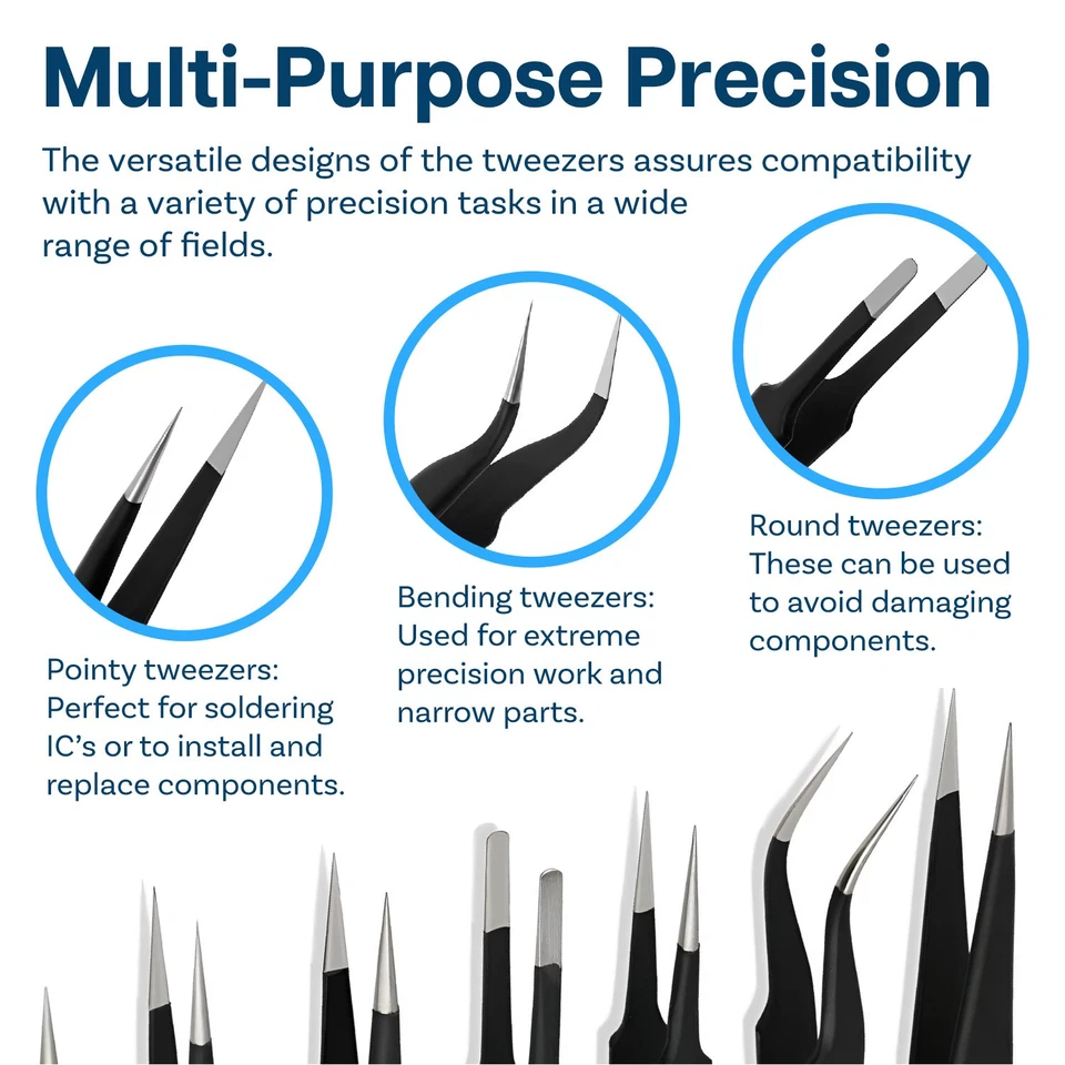 Precision Tweezers Set  [11 Pieces] Industrial Anti-Static Stainless Steel - Image 4 of 4
