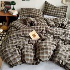 Vintage Brown Blue Gingham Buffalo Plaid Queen Duvet Cover Set 3Pcs