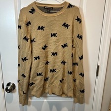 Michael Kors MK All Over Logo Crew Neck Sweater Tan Black Size L