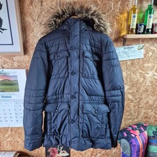 Schott NYC Puffer Parka Jacket Men's Large Navy Faux Fur Hood Artico - VGC