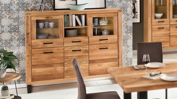 Highboard Tina Vitrine Buffet Schrank Esszimmer In Eiche Teilmassiv GeöLt 158-image