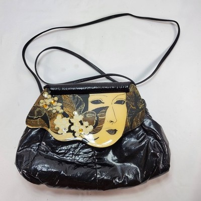 Moon Bags Patricia Smith Crossbody Women Black Hand Painted Wood Flap VTG 80s