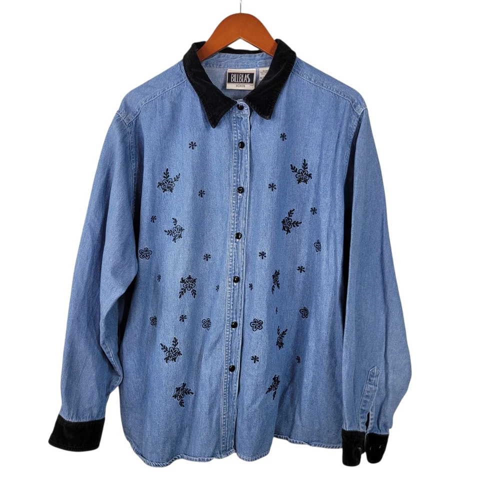 Vintage Denim Top Jacket Plus Size 3X Embroidered Shacket Floral Corduroy Collar - Image 2 of 4
