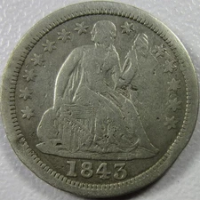 1843 Seated Liberty Dime - FS-301, F-102 RPD Repunched Date - 90% Silver
