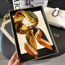 100% Silk Scarf Women Vintage Blue Leaves Kerchief Square Bandana Wrap 70*70cm