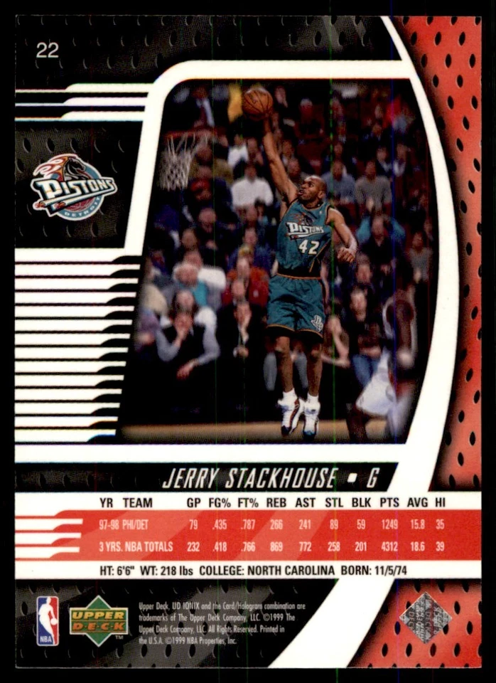 1998-99 Upper Deck Ionix Jerry Stackhouse Detroit Pistons #22 - Image 2 of 2