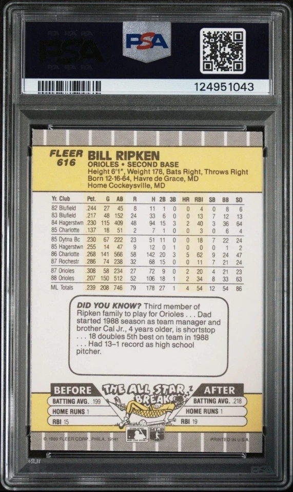 1989 FLEER FF ERROR #616 BILL RIPKEN PSA 9 MINT F FACE ERROR CARD RARE GIFT IDEA - Image 2 of 2