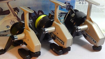Late '70s vintage tan-bodied ABU Cardinal 4/6/7 spinning reels