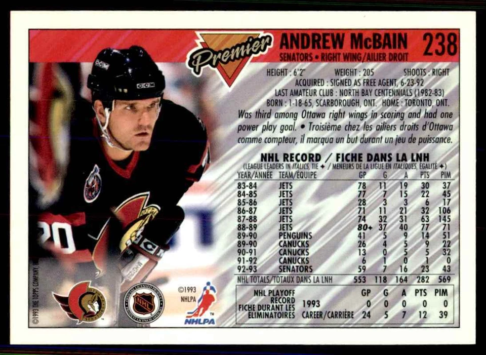 1993-94 Topps Premier Gold Andrew McBain Ottawa Senators #238 - Image 2 of 2