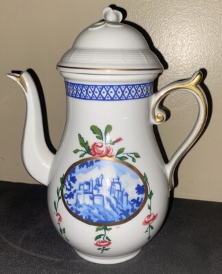 Vintage Elizabeth Arden Orient Express Rose Castle Teapot White Blue Gold