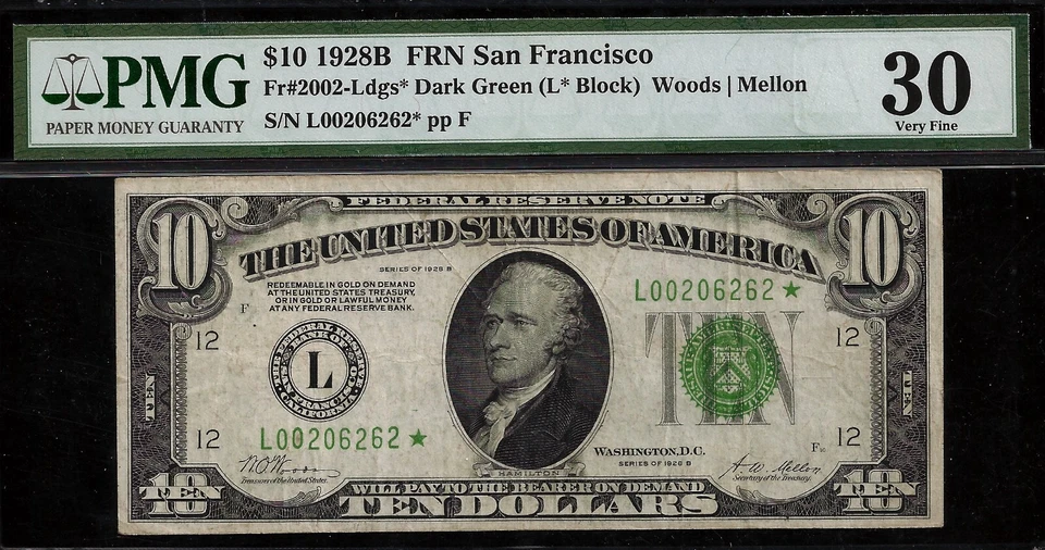 1928B $10 Federal Reserve Note PMG 30 rare 7 known San Francisco star Fr 2002-L* - Image 3 of 4