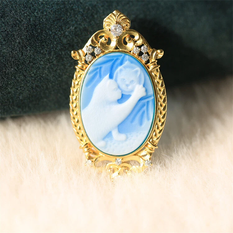 D18 spielende Katze Anhänger Brosche Perlmutt auf blauem Achat Silber 925  - Bild 4 von 4