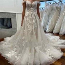 Boho V-neck Wedding Dresses Off Shoulder A-line Backless Applique Bridal Gowns