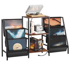 Record Player Stand with Record Holder and Power Outlet Large Capacity Brown